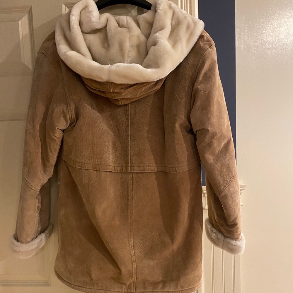 Leather suede outer coat with faux fur lining
